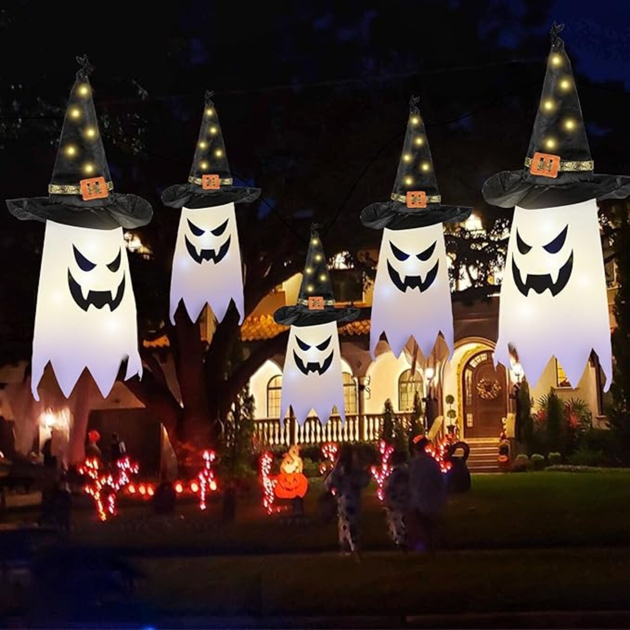 5 PCS Hanging Halloween Lighted Glowing Ghost Witch Hat Outdoor Ornaments,Halloween Decor for Halloween Party Indoor Outdoor Home Tree Garden Yard,Halloween Party Favors
